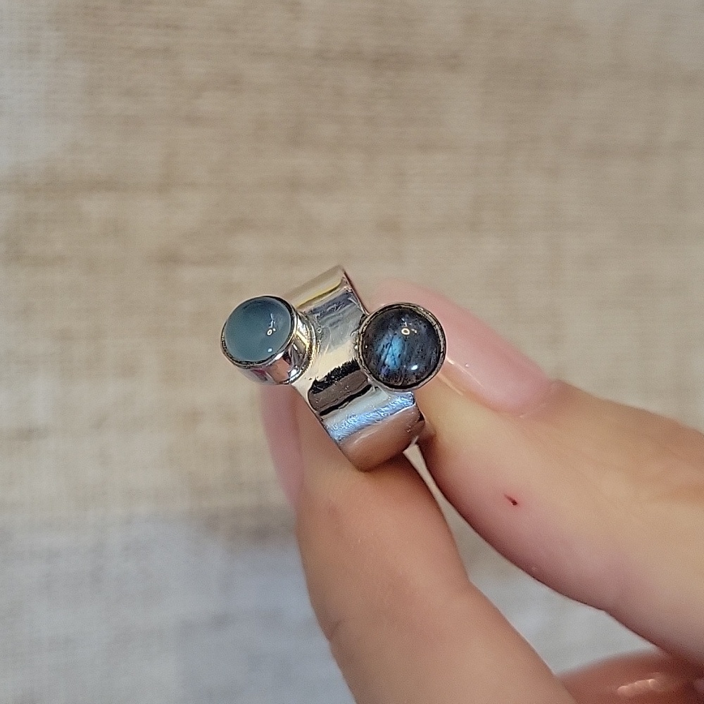 BLUE FIRE LABRADORITE AND CHALCEDONY DOUBLE STONE WIDE BAND RING, SIZE 5 - Picture 2 of 7
